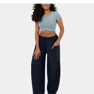 Mid Rise Elastic Waistband Drawstring Side Pocket Palazzo Flowy Casual Pants